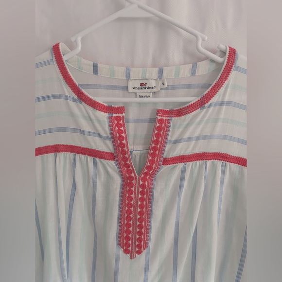 Vineyard Vines Blue White Stripe Pink Embroidered Boho Blouse Tunic Top Size S - Picture 3 of 10